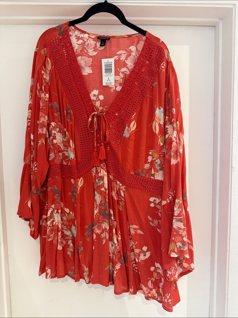 torrid coral-pink floral lace-up babydoll top